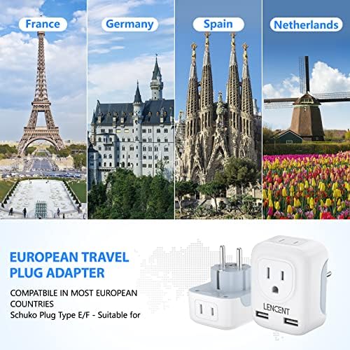 [2-חבילה] מתאם תקע נסיעות אירופאי, מתאם כוח בינלאומי של Lencent עם 2 נמלי USB, 2 חנויות אמריקאיות-